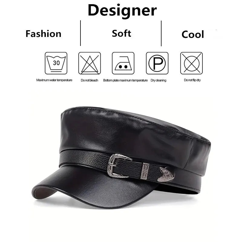 Women's Large Belt Buckle Leather Hat - Sailor Hats, Beret Cap, Military hat
