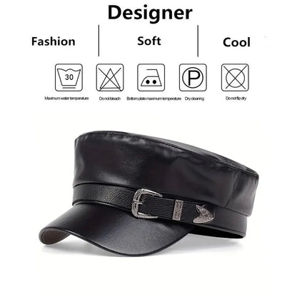 Women's Large Belt Buckle Leather Hat - Sailor Hats, Beret Cap, Military hat
