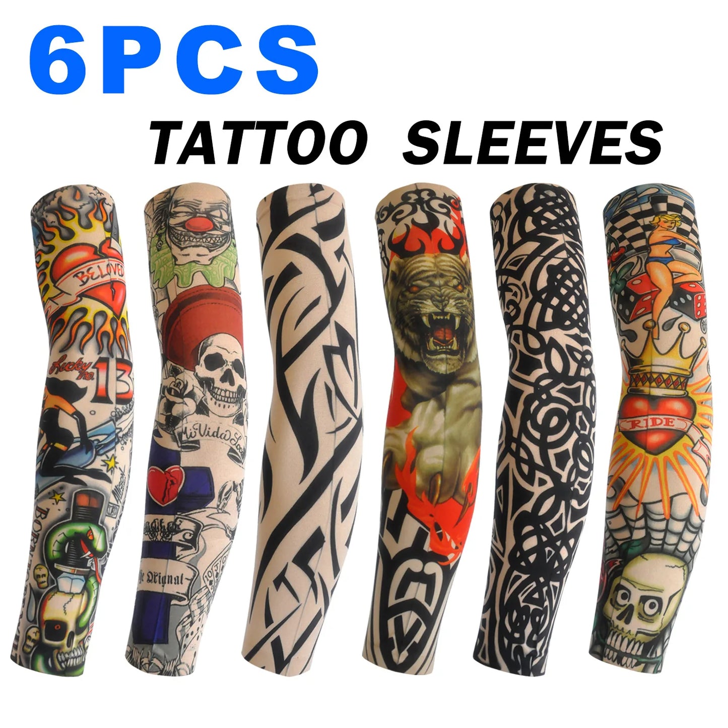6 PCS Tattoo Sleeve for Men or Women - Anti-Sunburn Sleeve - Elastic Cycling Sleve