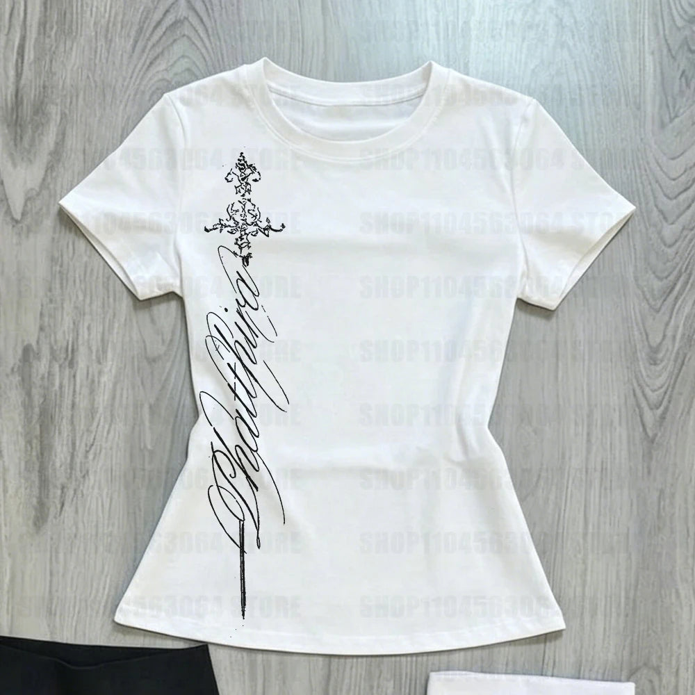 V Neck Slim Vintage Printing - Elegant Grunge Gothic Aesthetic Tee Shirt