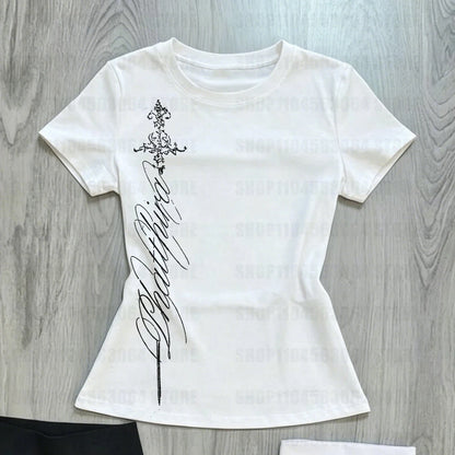V Neck Slim Vintage Printing - Elegant Grunge Gothic Aesthetic Tee Shirt