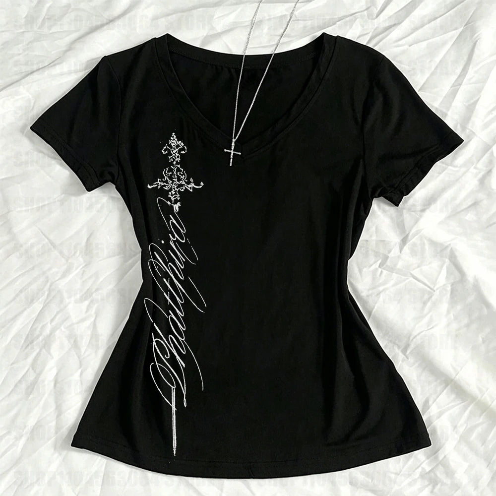 V Neck Slim Vintage Printing - Elegant Grunge Gothic Aesthetic Tee Shirt