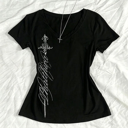 V Neck Slim Vintage Printing - Elegant Grunge Gothic Aesthetic Tee Shirt