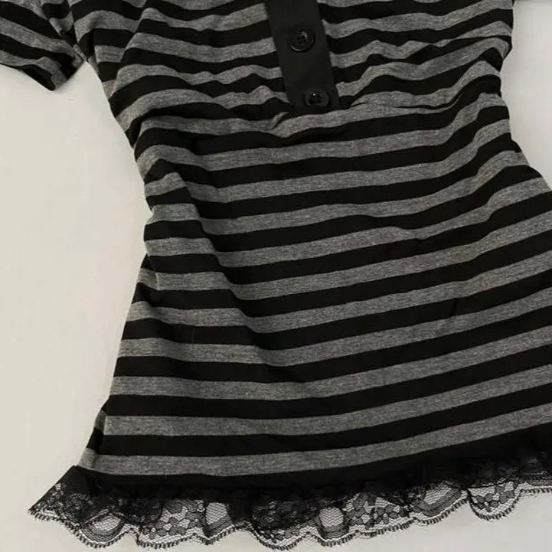 Gothic Crop Top Casual Slim Fit - Striped Lace Bow Button Design Short Sleeve T-Shirt, Streetwear