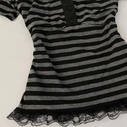 Gothic Crop Top Casual Slim Fit - Striped Lace Bow Button Design Short Sleeve T-Shirt, Streetwear